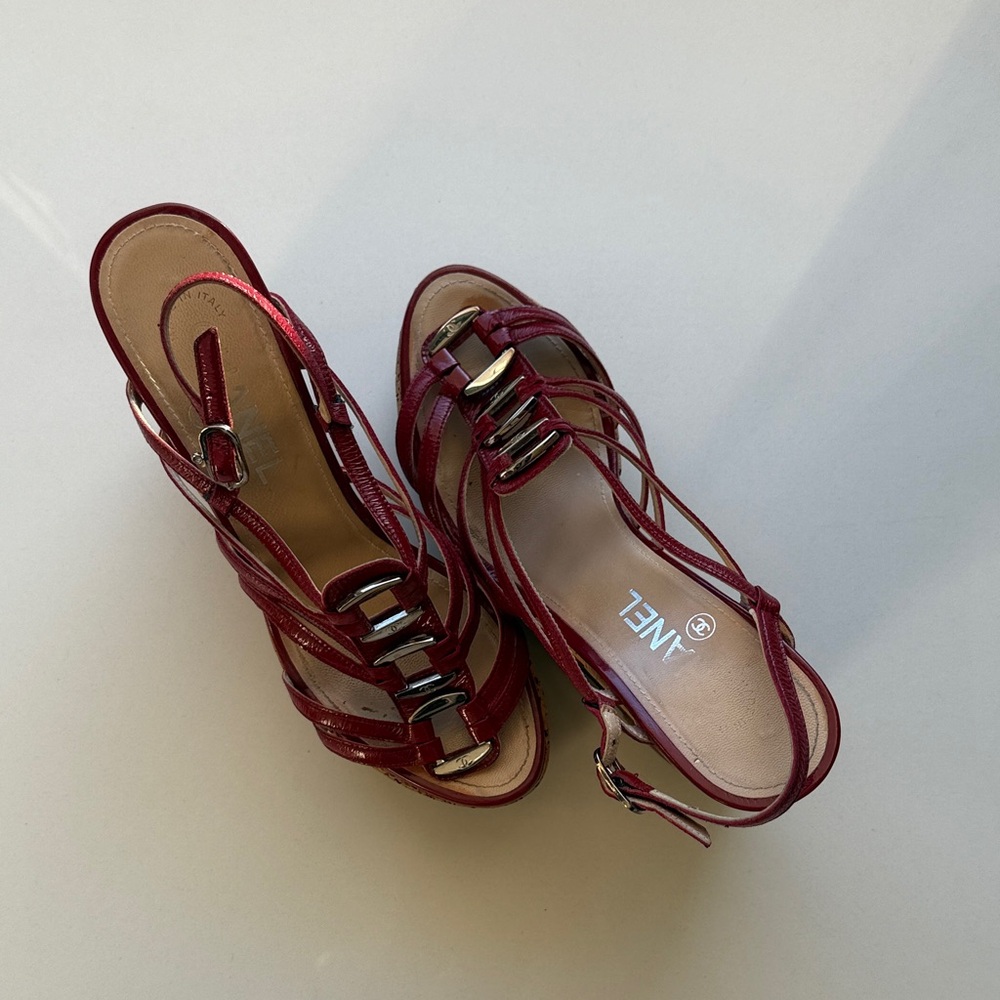 CHANEL Women's Burgundy Strappy Sandals Espadrilles - Picture 9 of 14